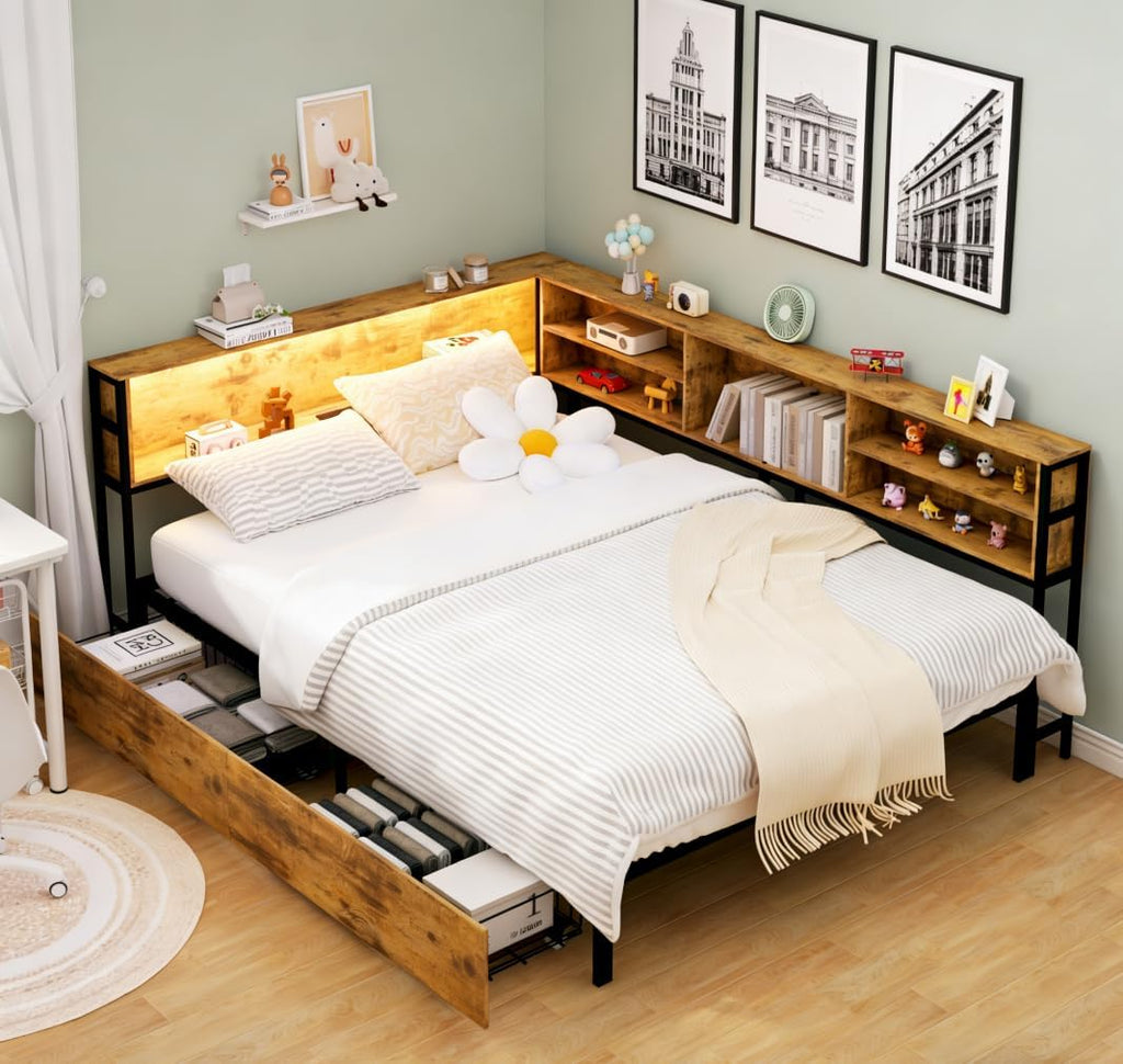 Brown LED Charging Corner Full Bed