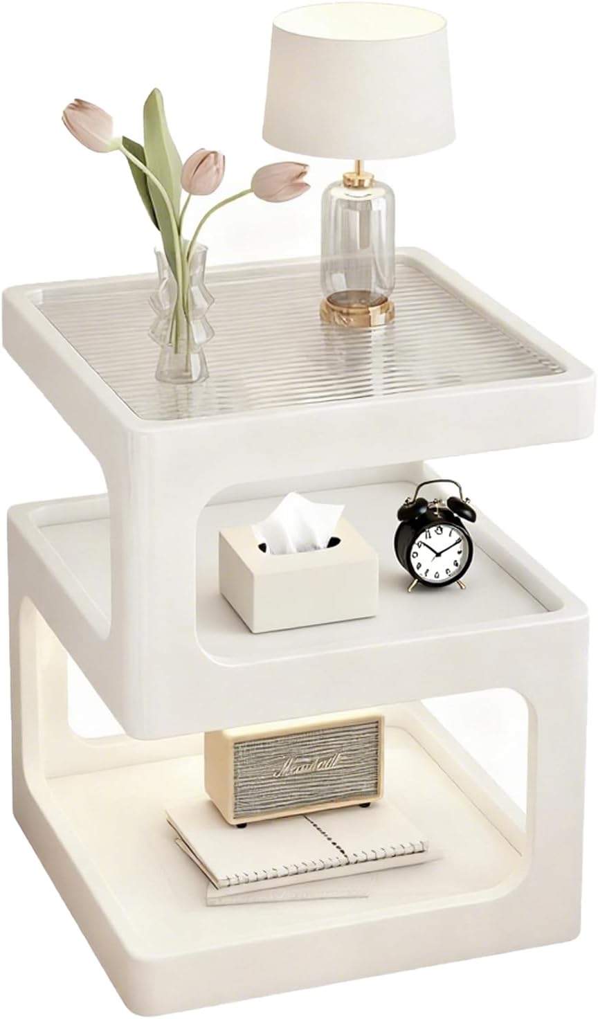 White Fluted 3-Tier Glass Nightstand