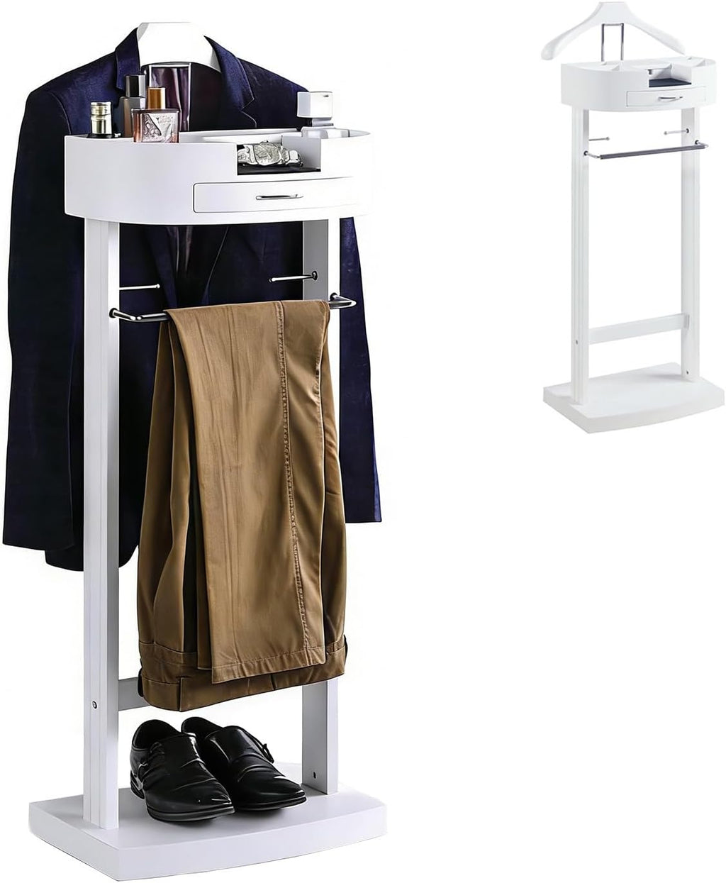 White Drawer Wooden Suit Valet Stand