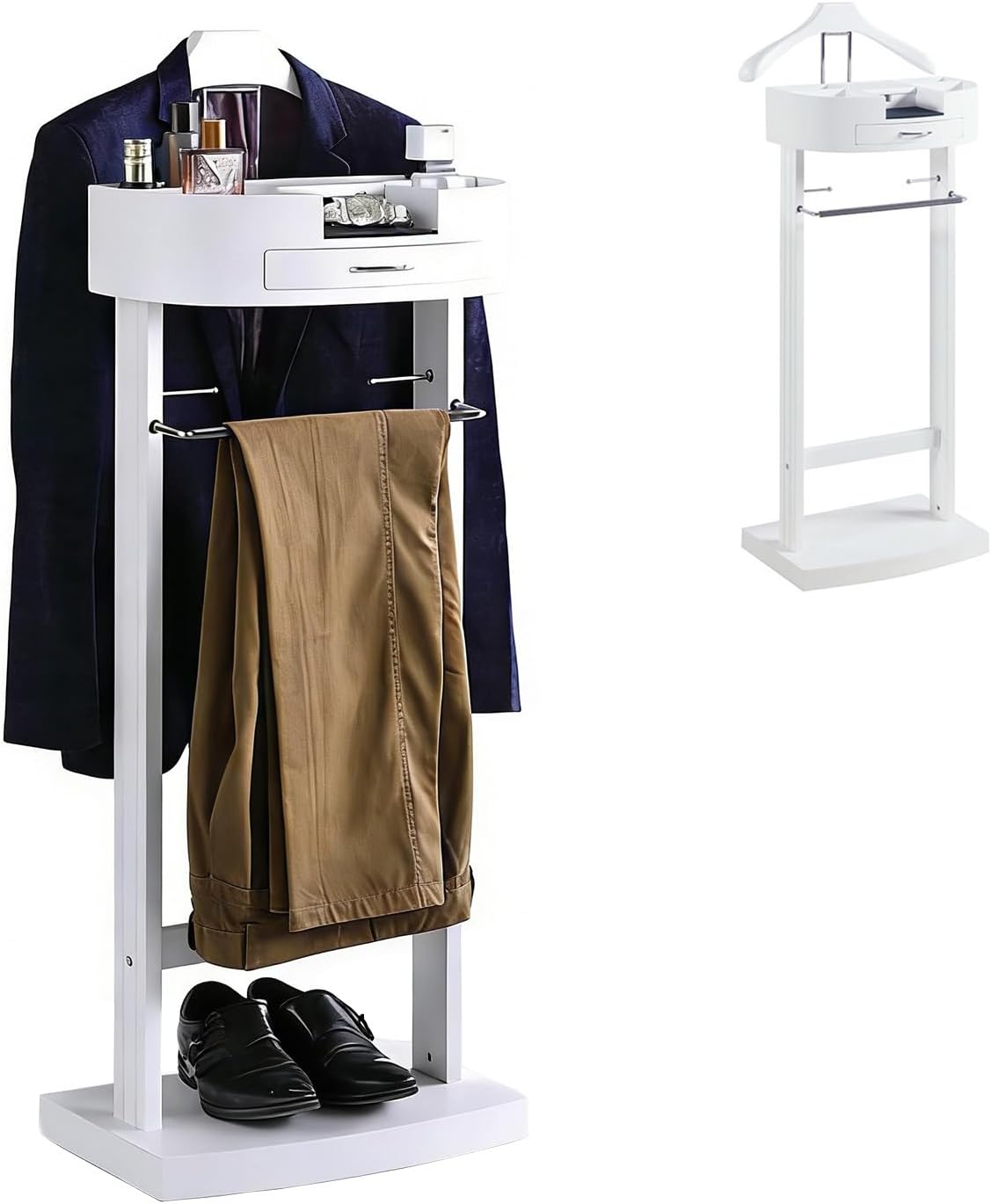 White Drawer Wooden Suit Valet Stand