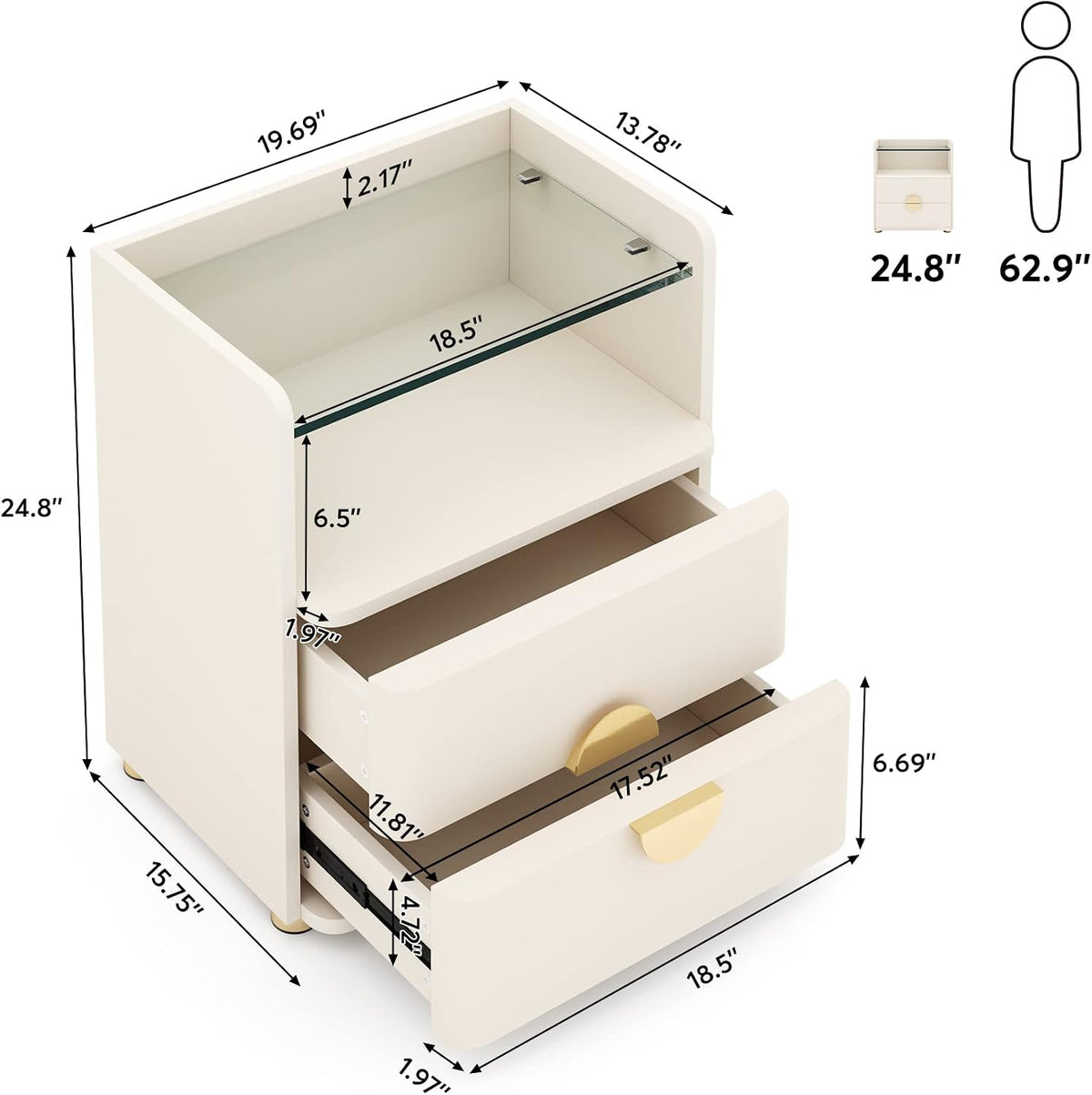 White 2-Drawer Glass Shelf Nightstands