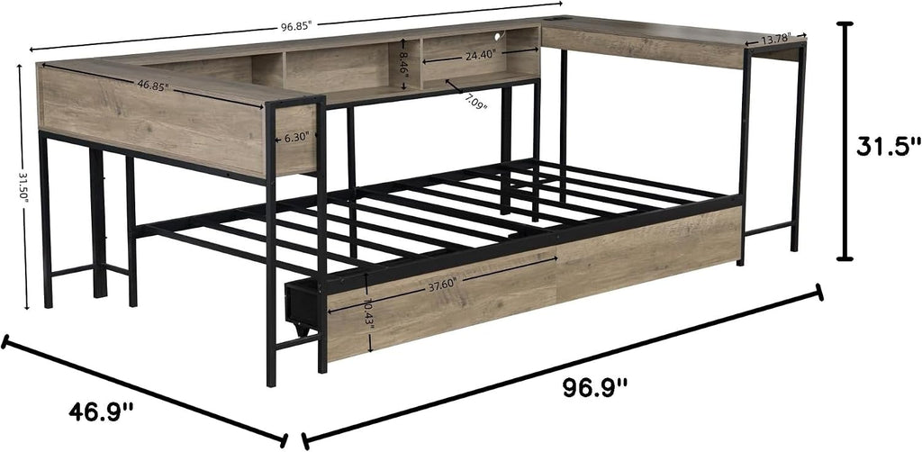 Grey LED Charging Corner Twin Bed