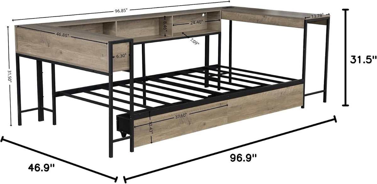 Grey LED Charging Corner Twin Bed
