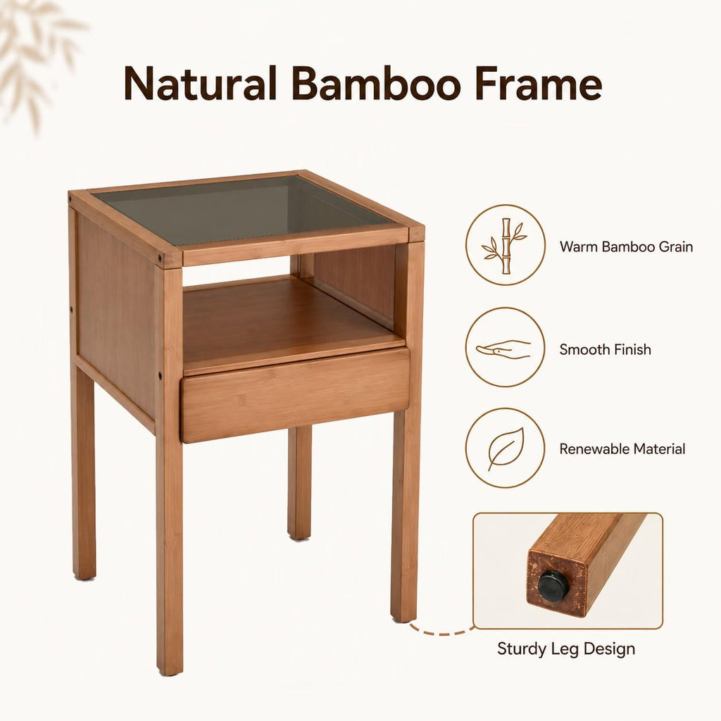 Gray Bamboo Glass Storage Nightstand