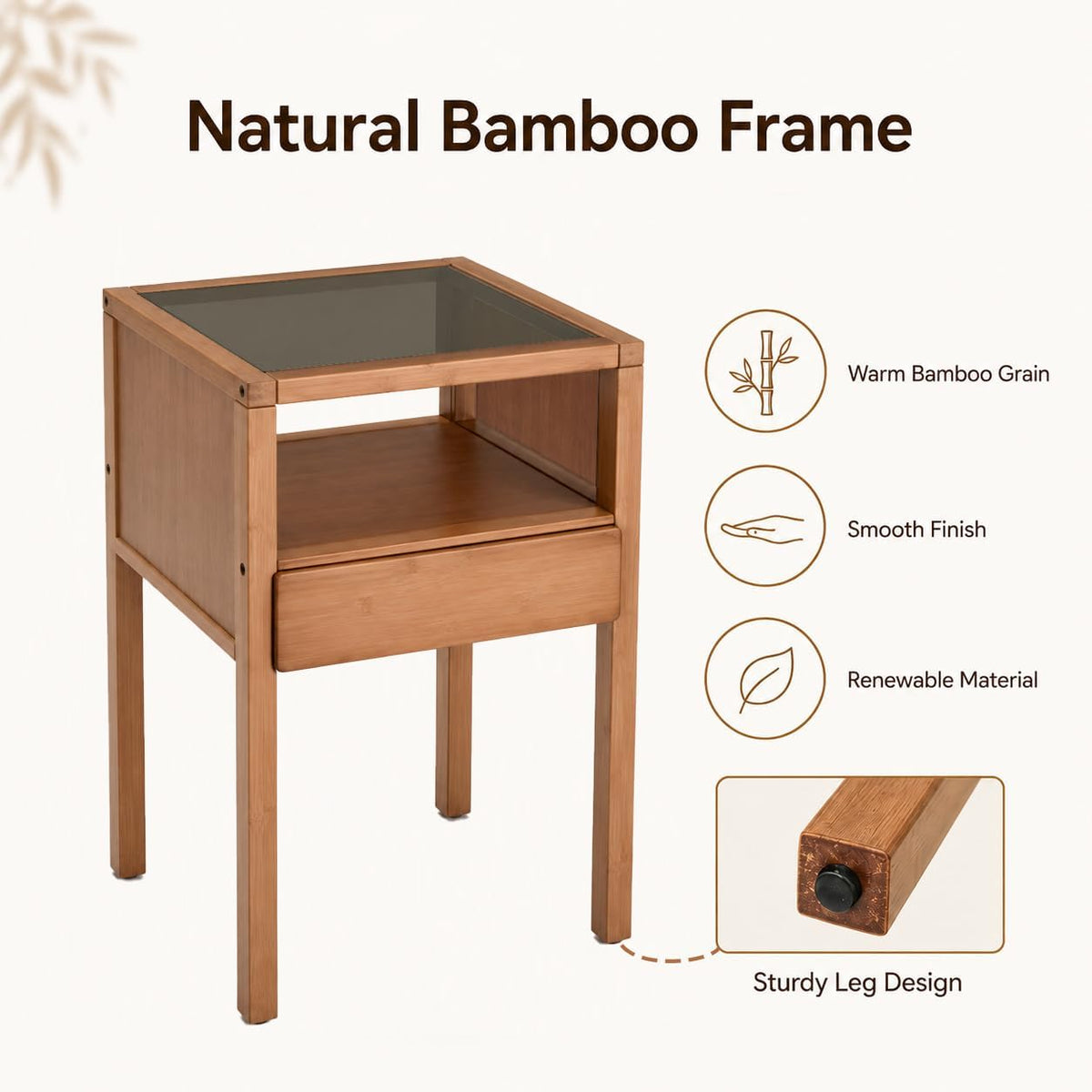 Gray Bamboo Glass Storage Nightstand