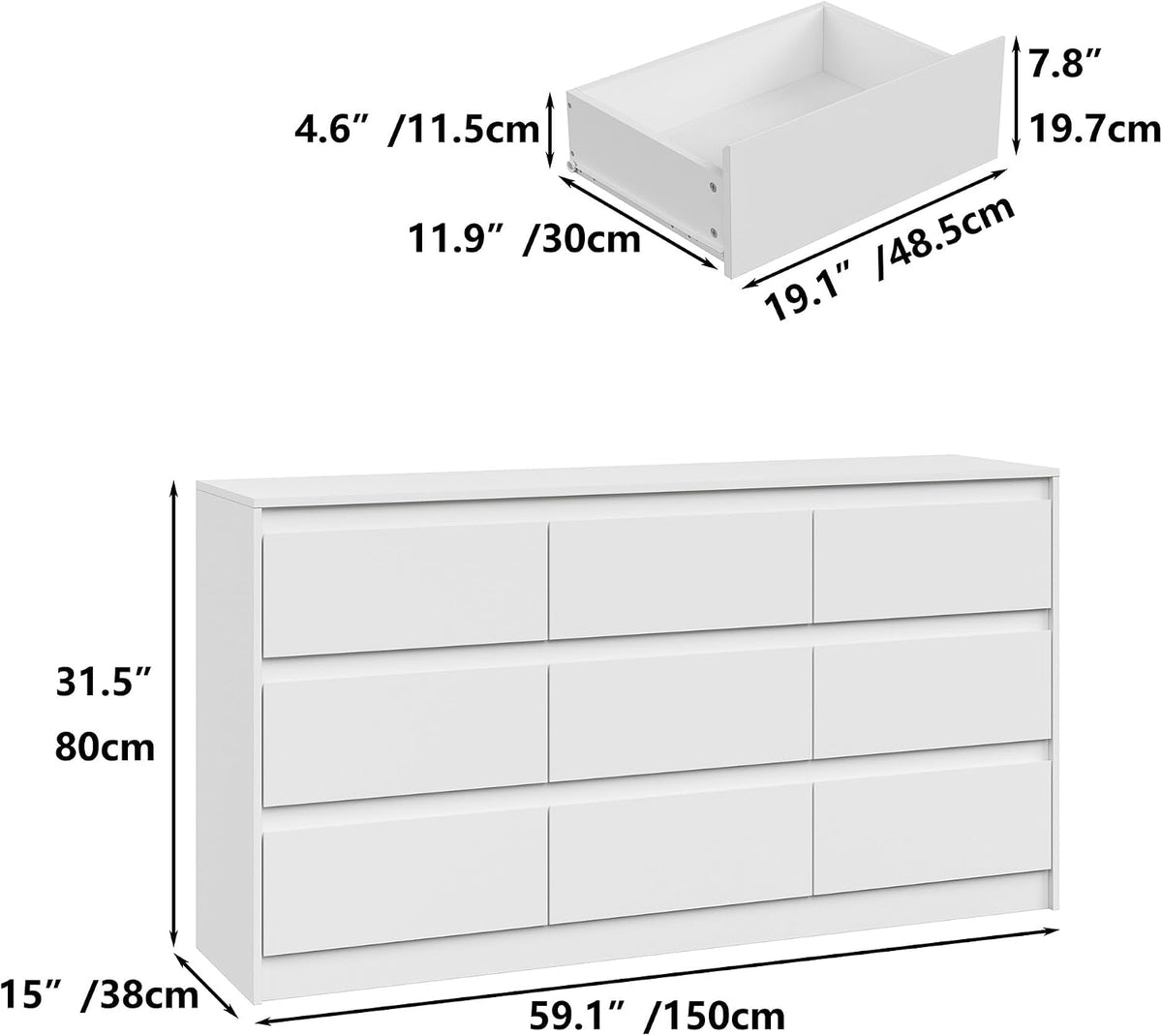 White 9-Drawer Long Storage Dresser