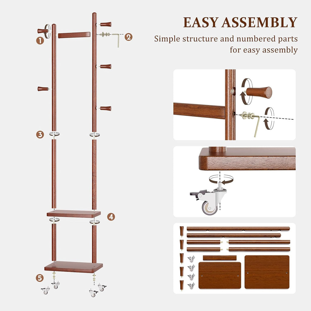 Wood Wheeled Hook Shelf Coat Rack