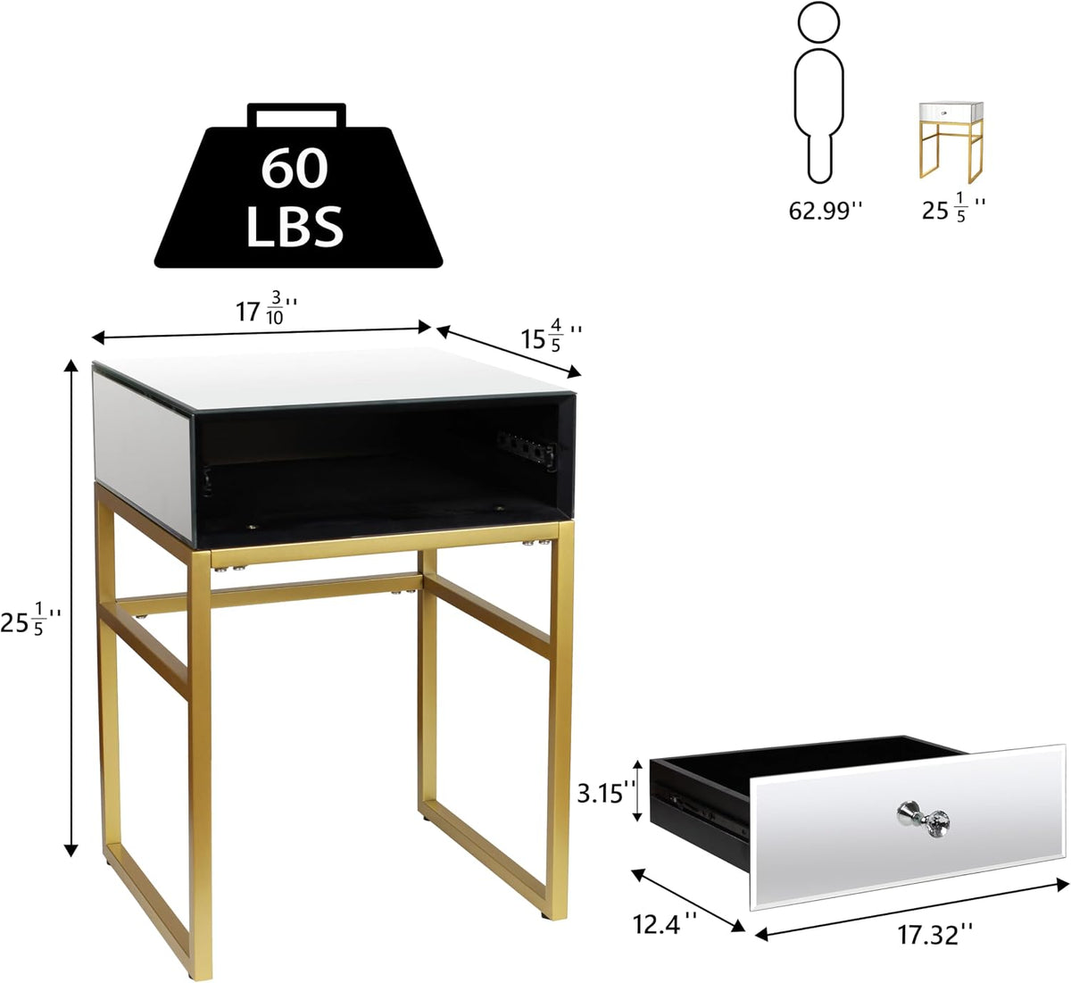 Gold Glass Crystal Drawer Nightstand