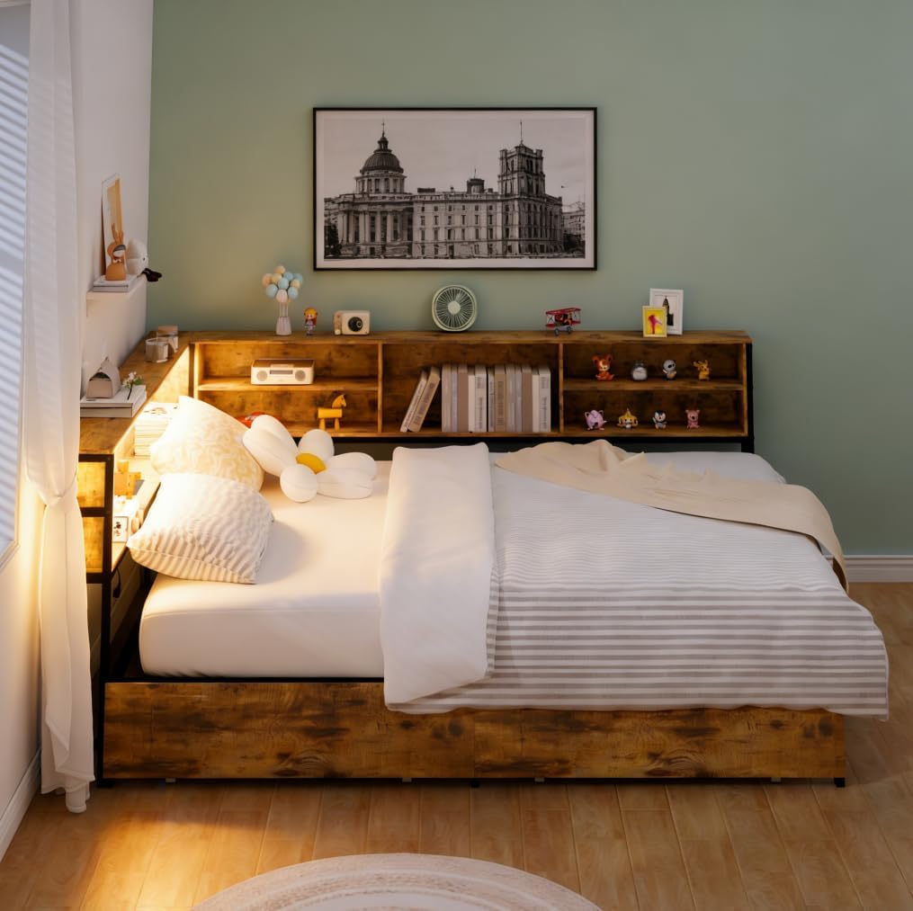 Brown LED Charging Corner Full Bed