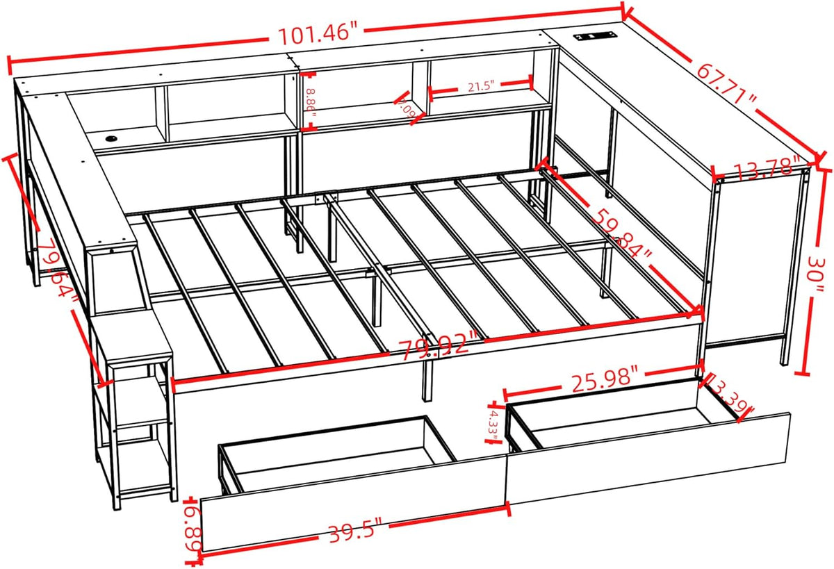 Black LED Charging Corner Queen Bed