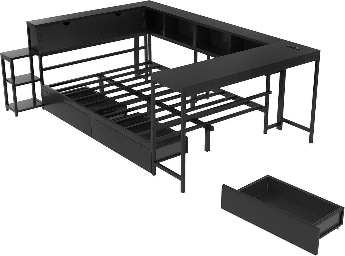 Black LED Charging Corner Queen Bed