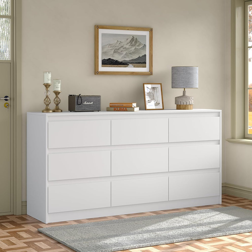 White 9-Drawer Long Storage Dresser