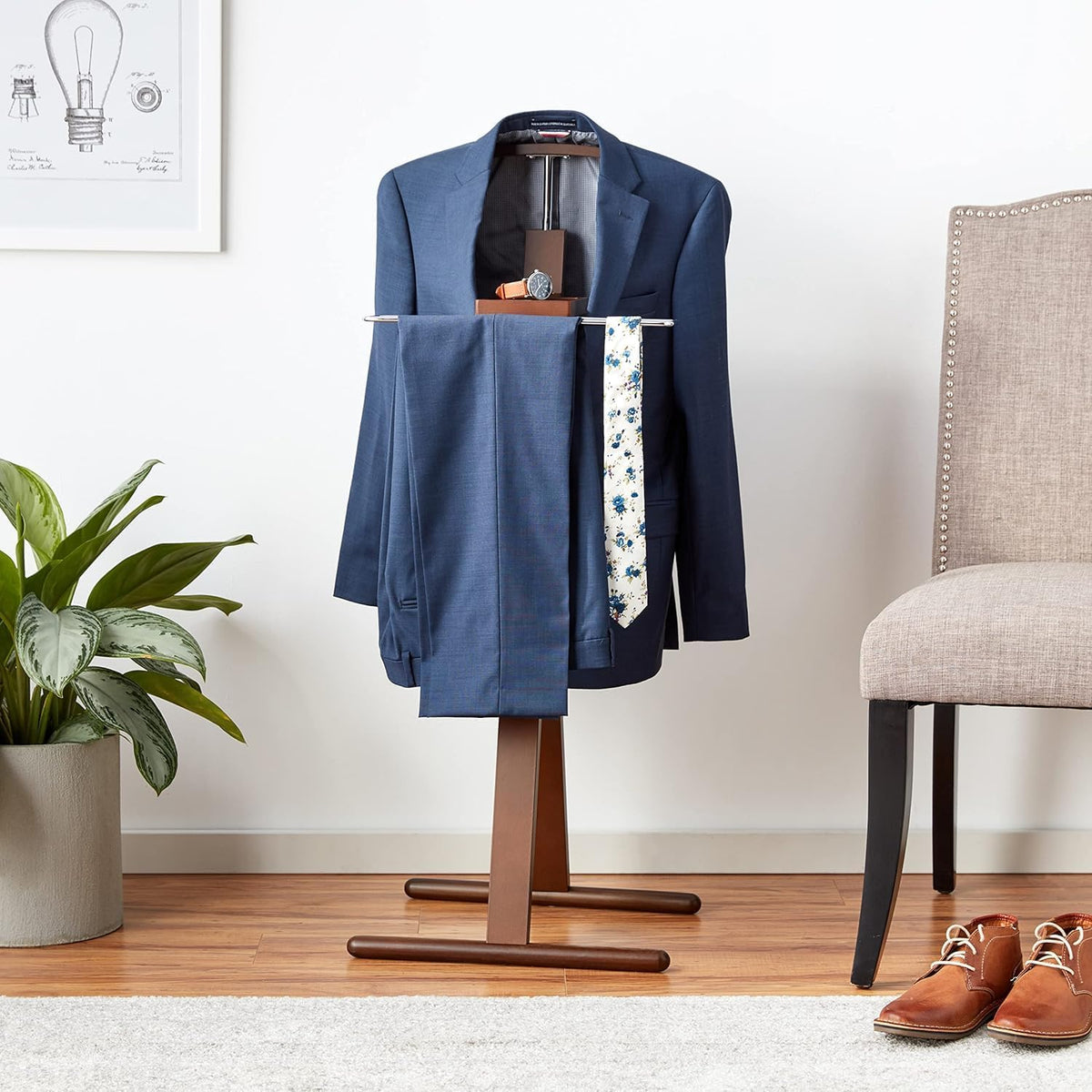 Walnut Wooden Multi-Function Valet Stand