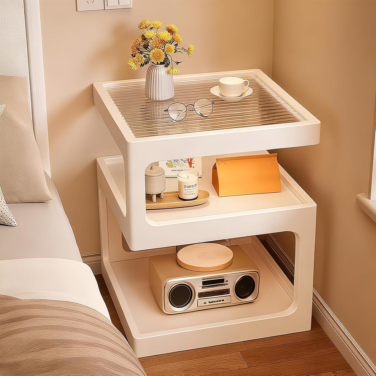 White Fluted 3-Tier Glass Nightstand