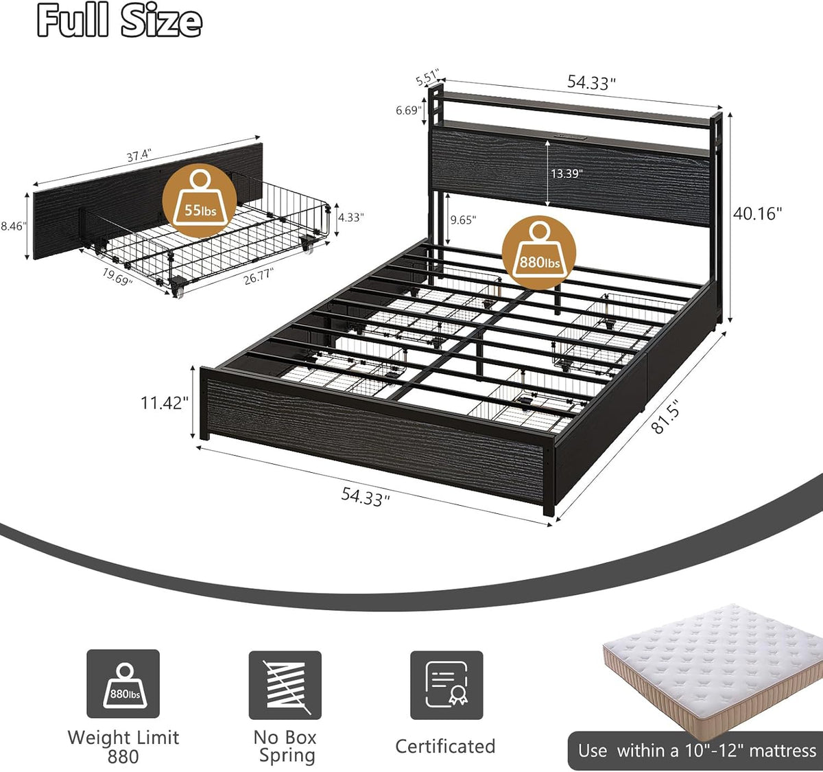 Black RGB Charging Drawer Full Bed