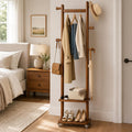 Wood Wheeled Hook Shelf Coat Rack