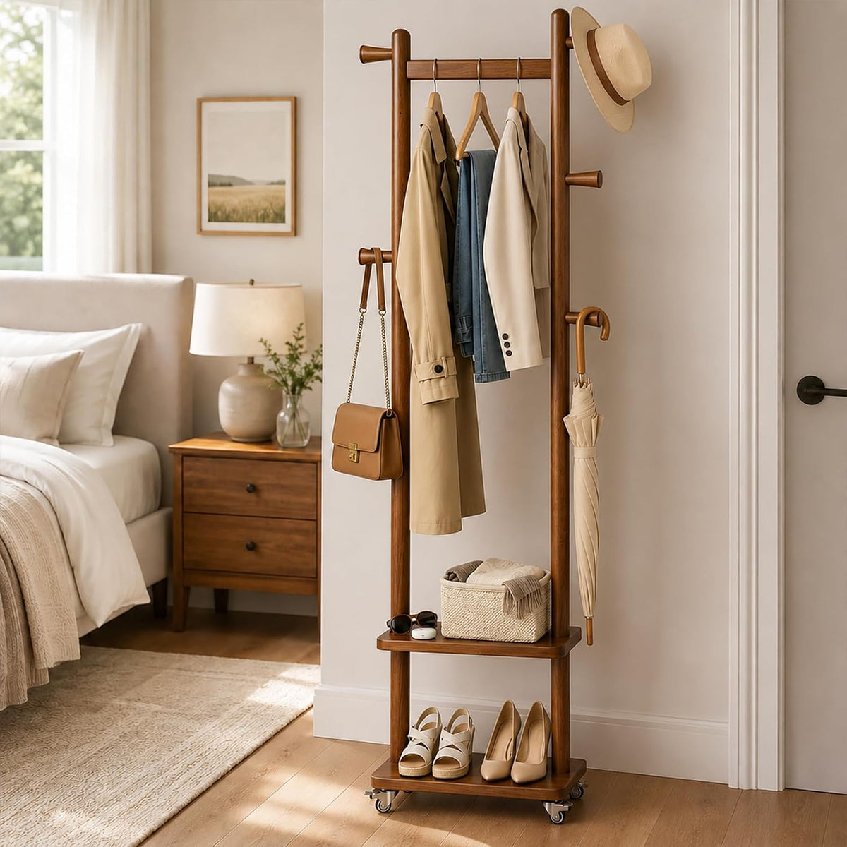 Wood Wheeled Hook Shelf Coat Rack