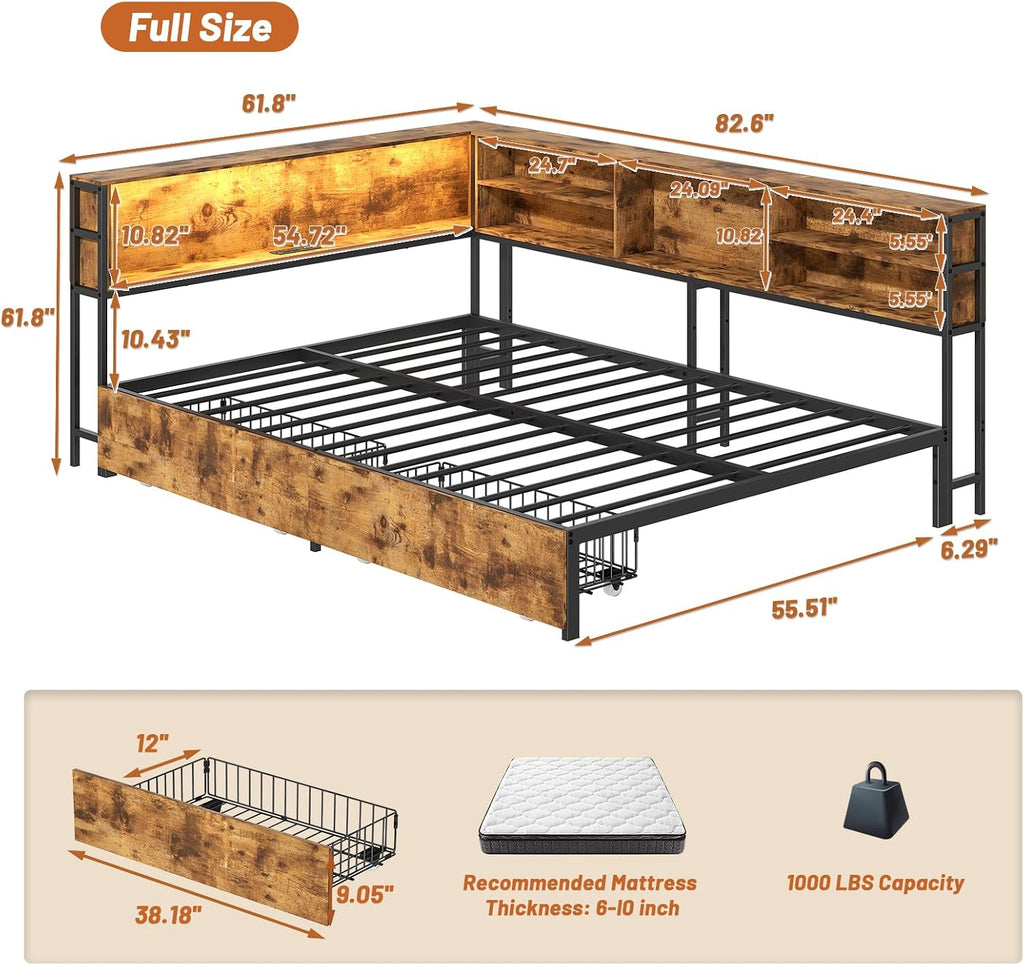 Brown LED Charging Corner Full Bed