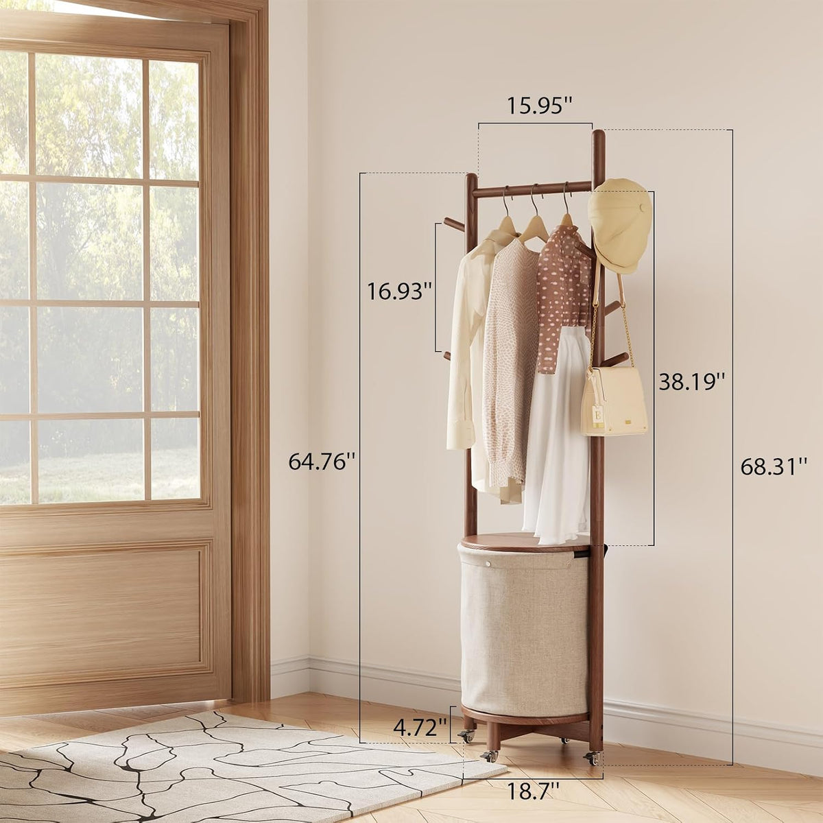 Wood Rolling Hook Coat Rack Basket