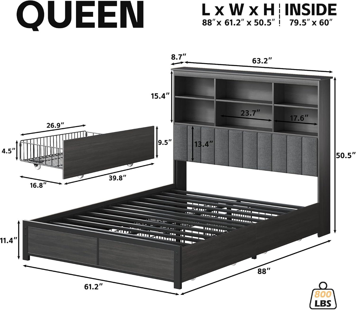 Grey LED Charging Storage Queen Bed