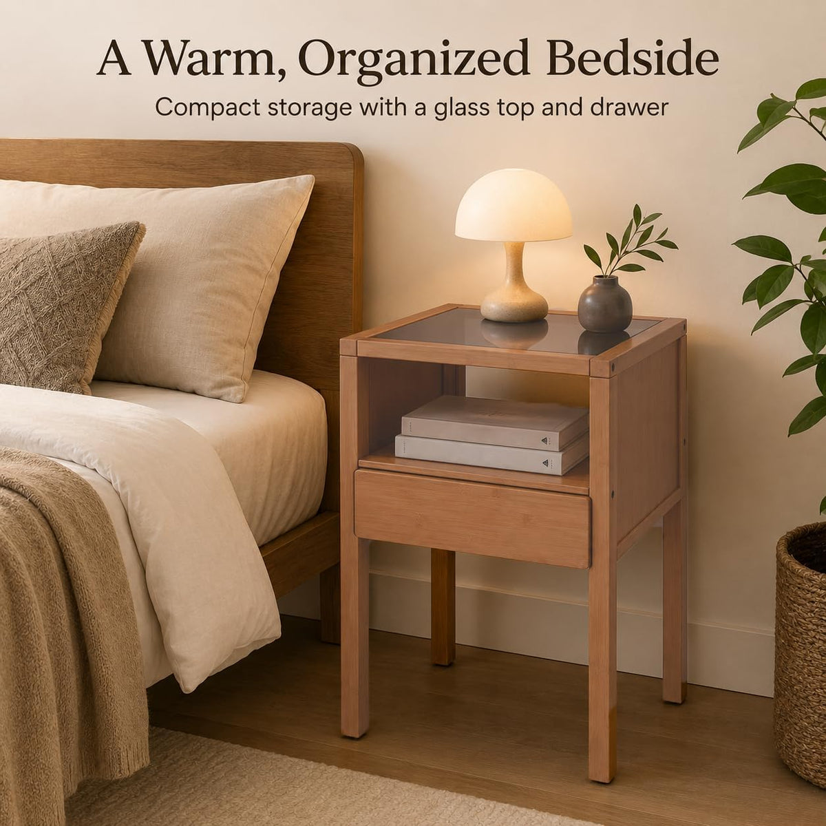 Gray Bamboo Glass Storage Nightstand