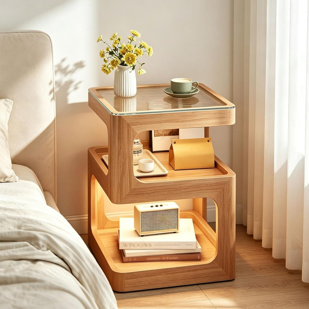 Wood Fluted Glass 3-Tier Nightstand