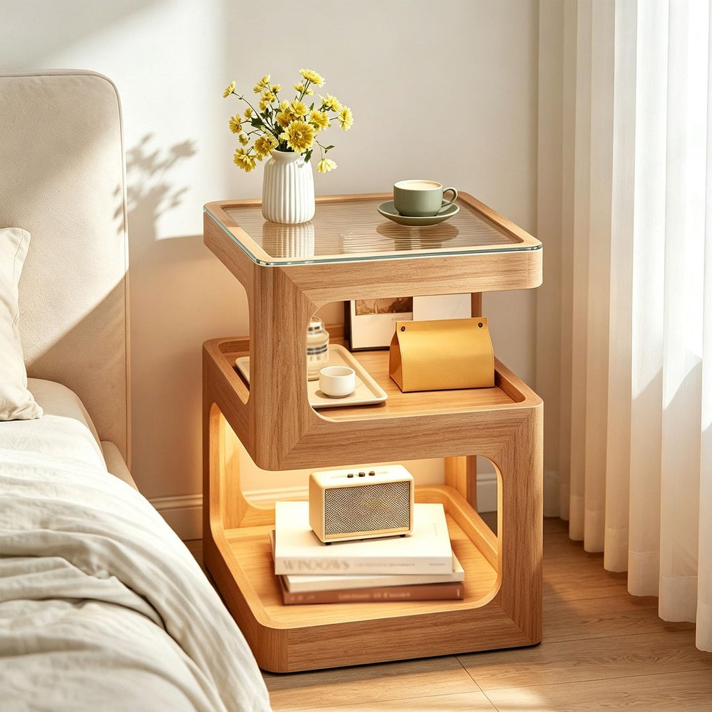 Wood Fluted Glass 3-Tier Nightstand