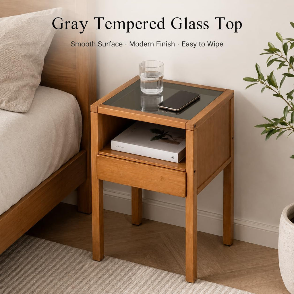 Gray Bamboo Glass Storage Nightstand