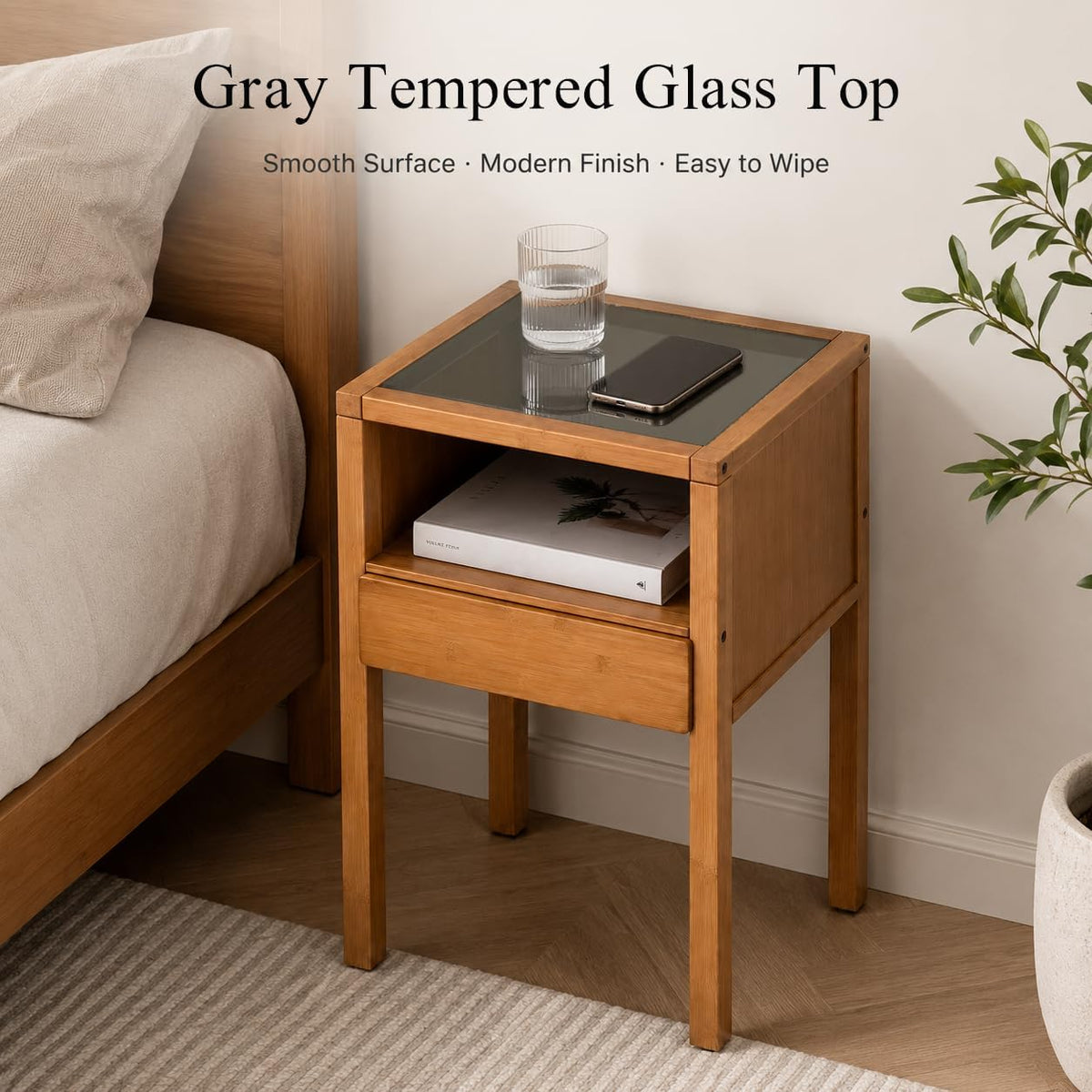 Gray Bamboo Glass Storage Nightstand