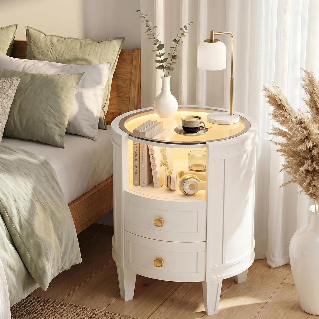 White LED Glass 2-Drawer Nightstand
