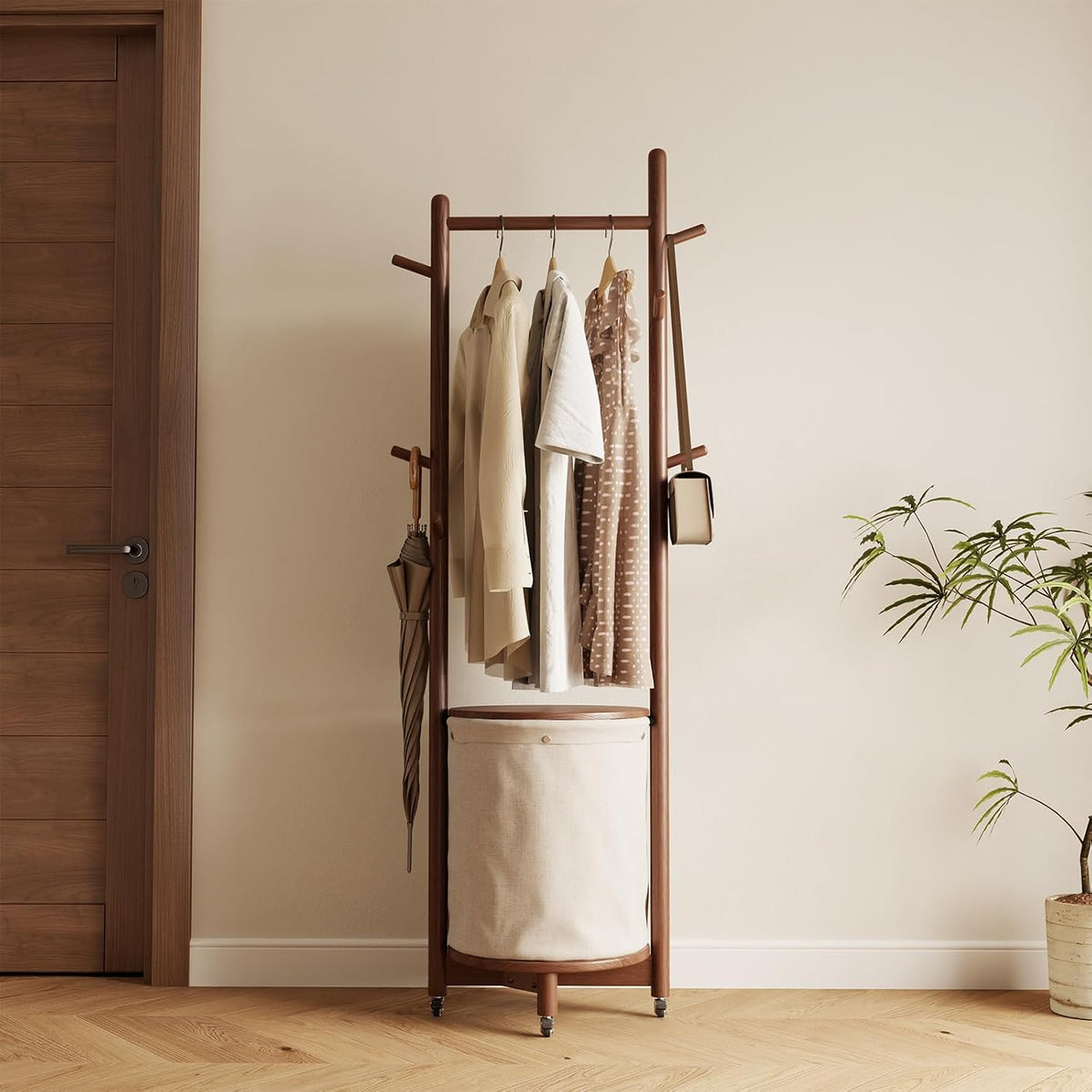 Wood Rolling Hook Coat Rack Basket