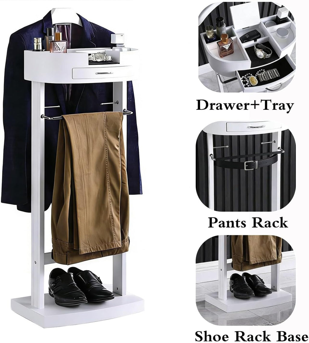 White Drawer Wooden Suit Valet Stand