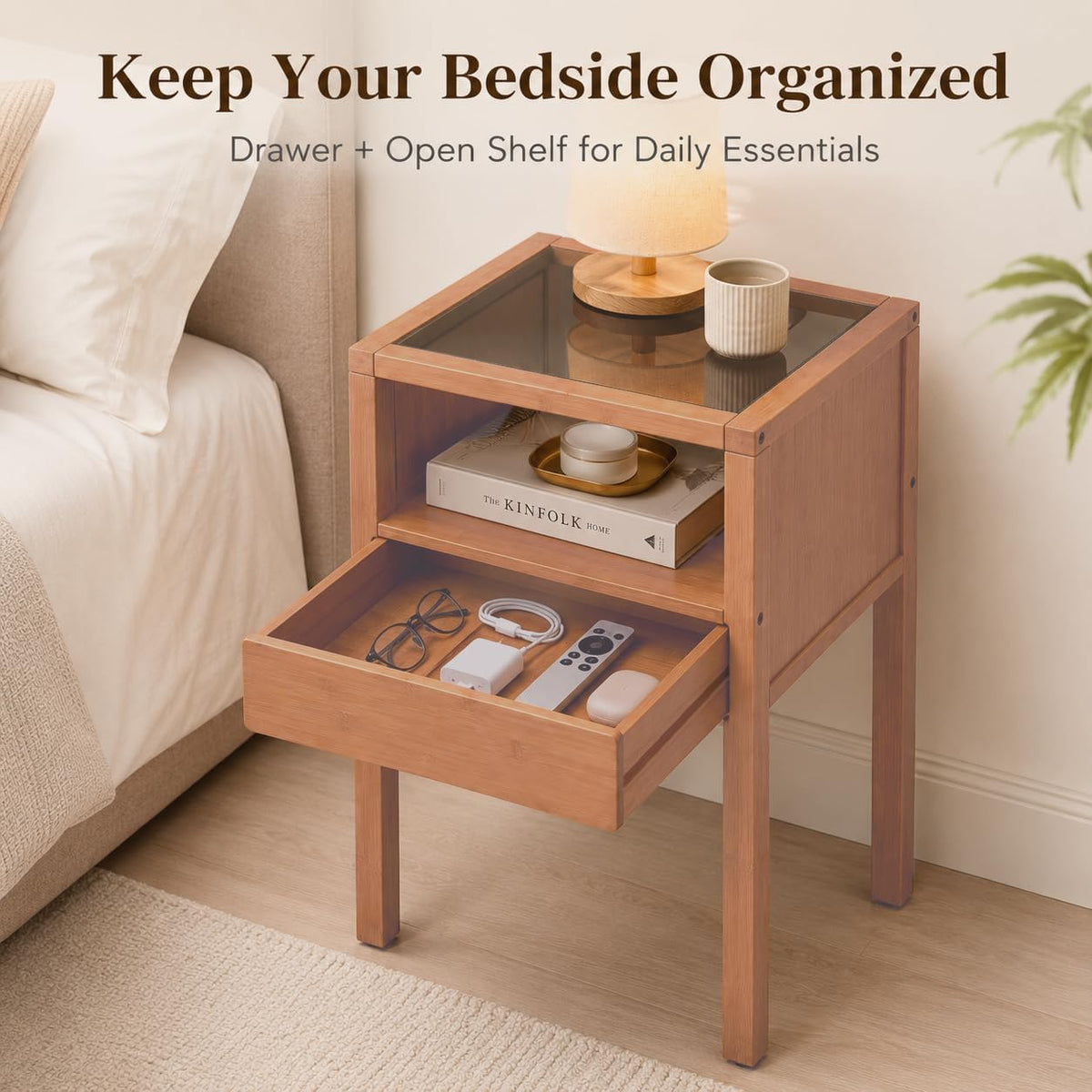 Gray Bamboo Glass Storage Nightstand