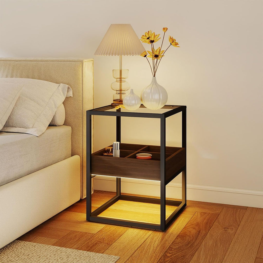 Glass LED USB Grid Storage Nightstand