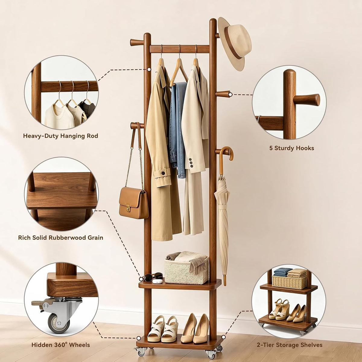 Wood Wheeled Hook Shelf Coat Rack