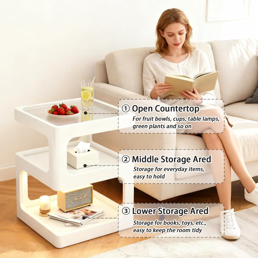 White Fluted 3-Tier Glass Nightstand