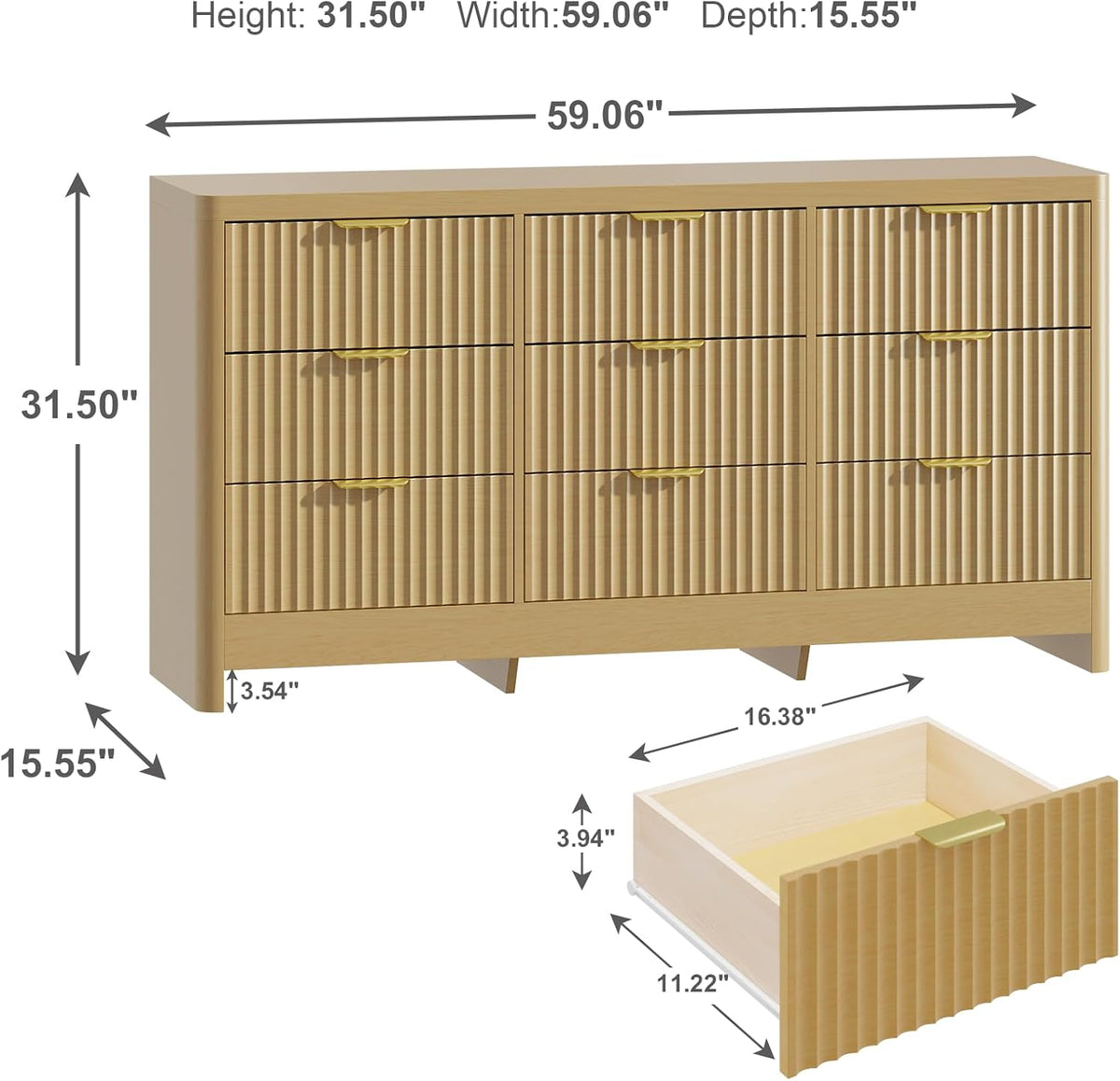 Oak Fluted 9-Drawer Dresser Stand