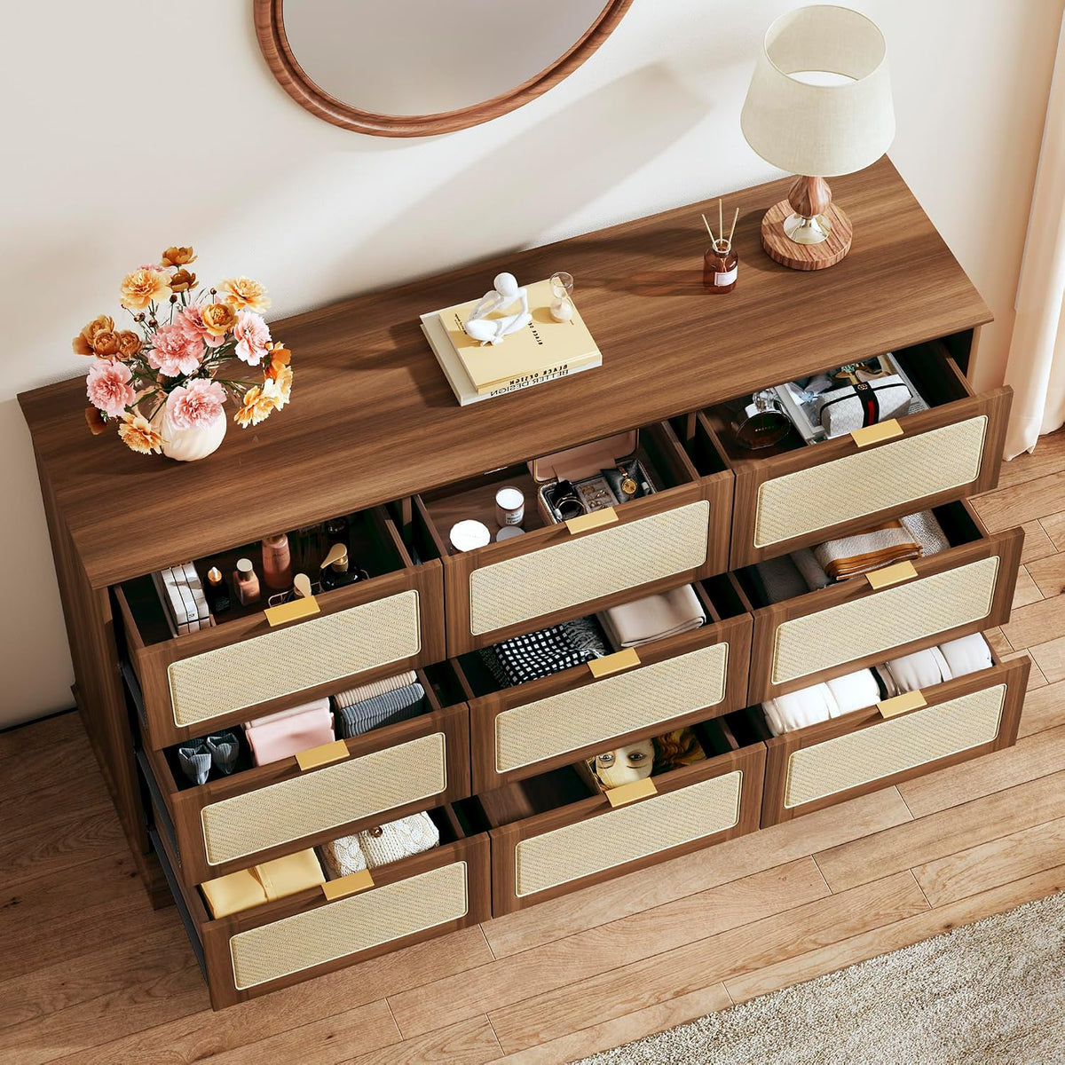 Walnut Rattan 9-Drawer Dresser Stand