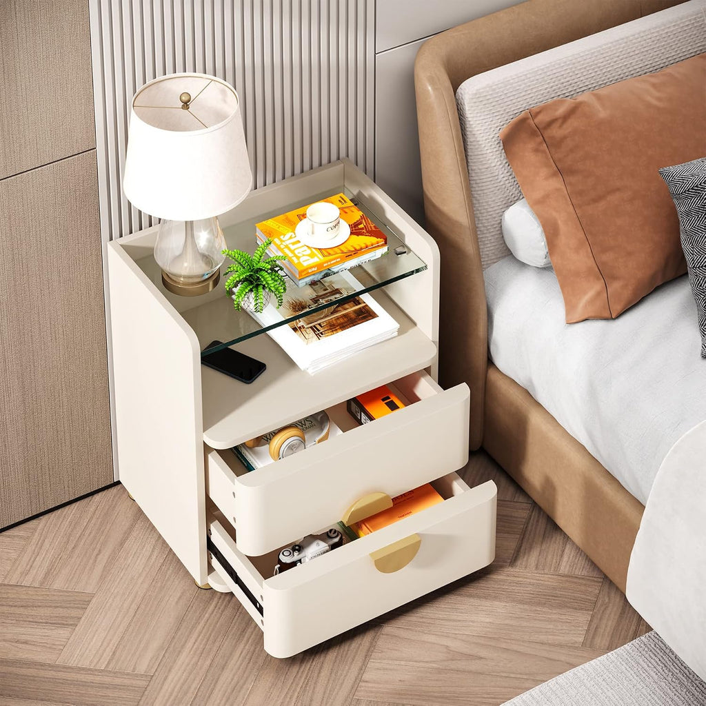White 2-Drawer Glass Shelf Nightstands