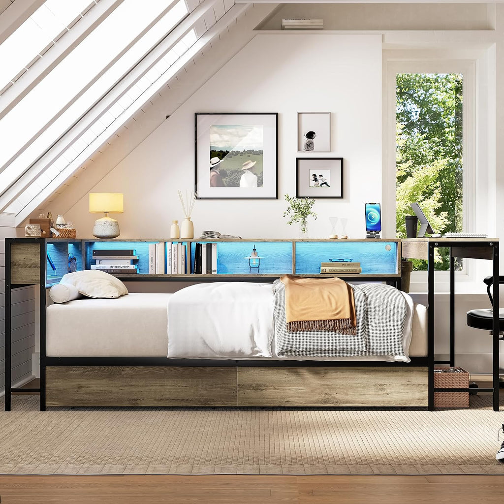 Grey LED Charging Corner Twin Bed