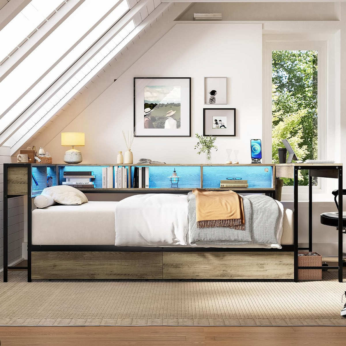 Grey LED Charging Corner Twin Bed