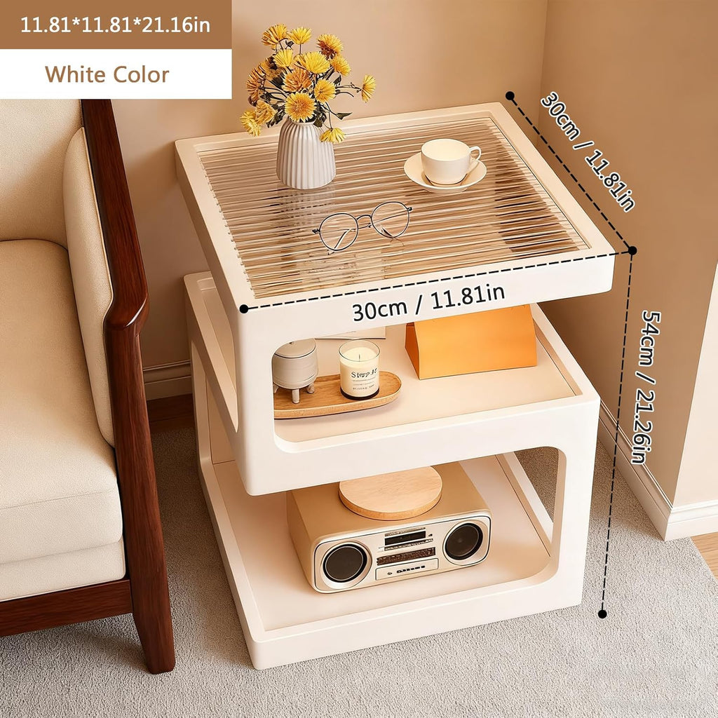White Fluted 3-Tier Glass Nightstand