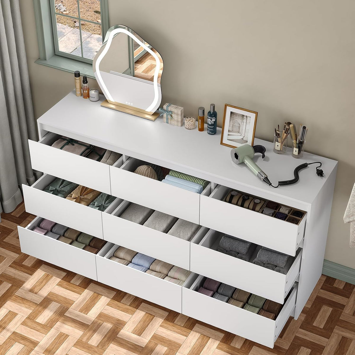 White 9-Drawer Long Storage Dresser