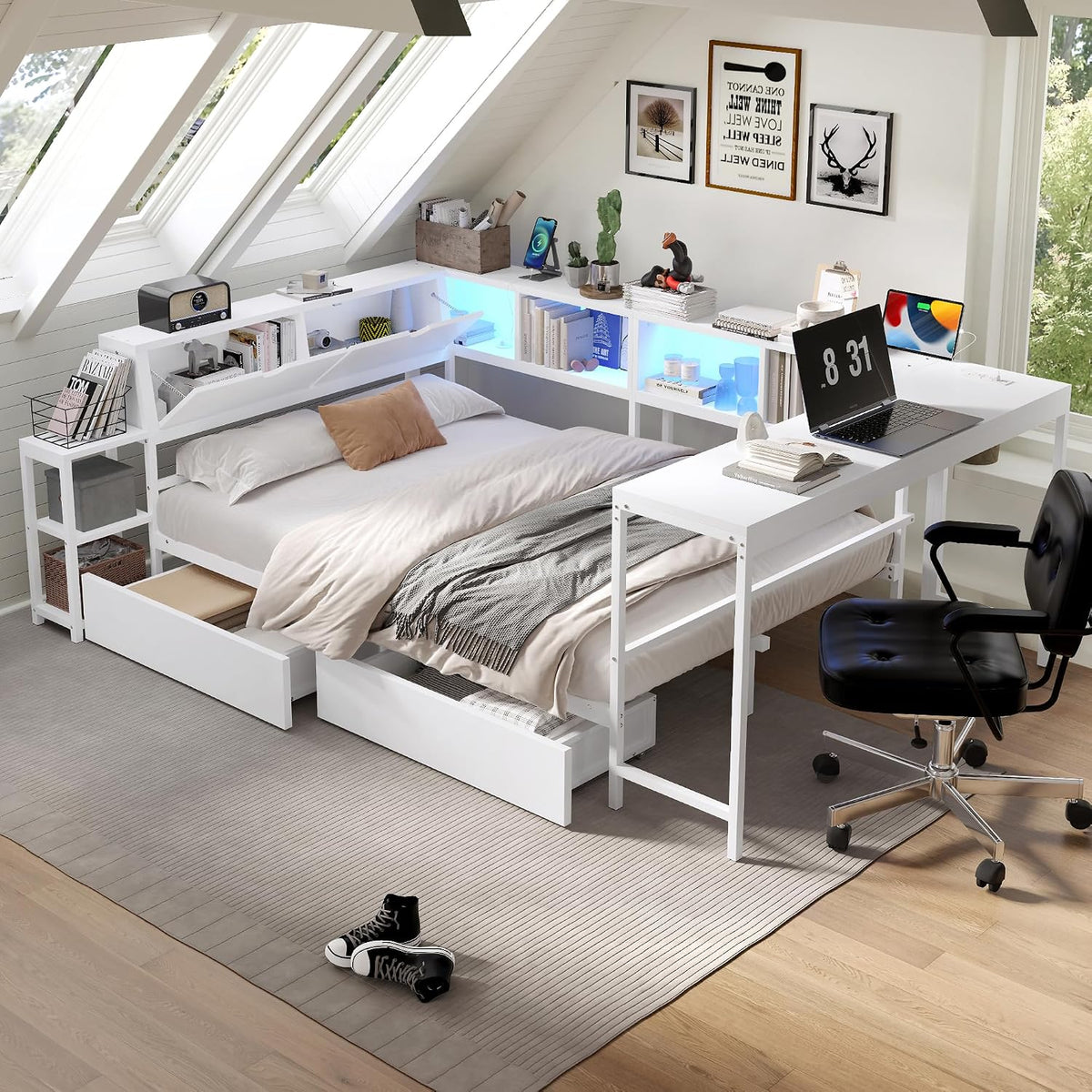 White LED Charging Corner Full Bed