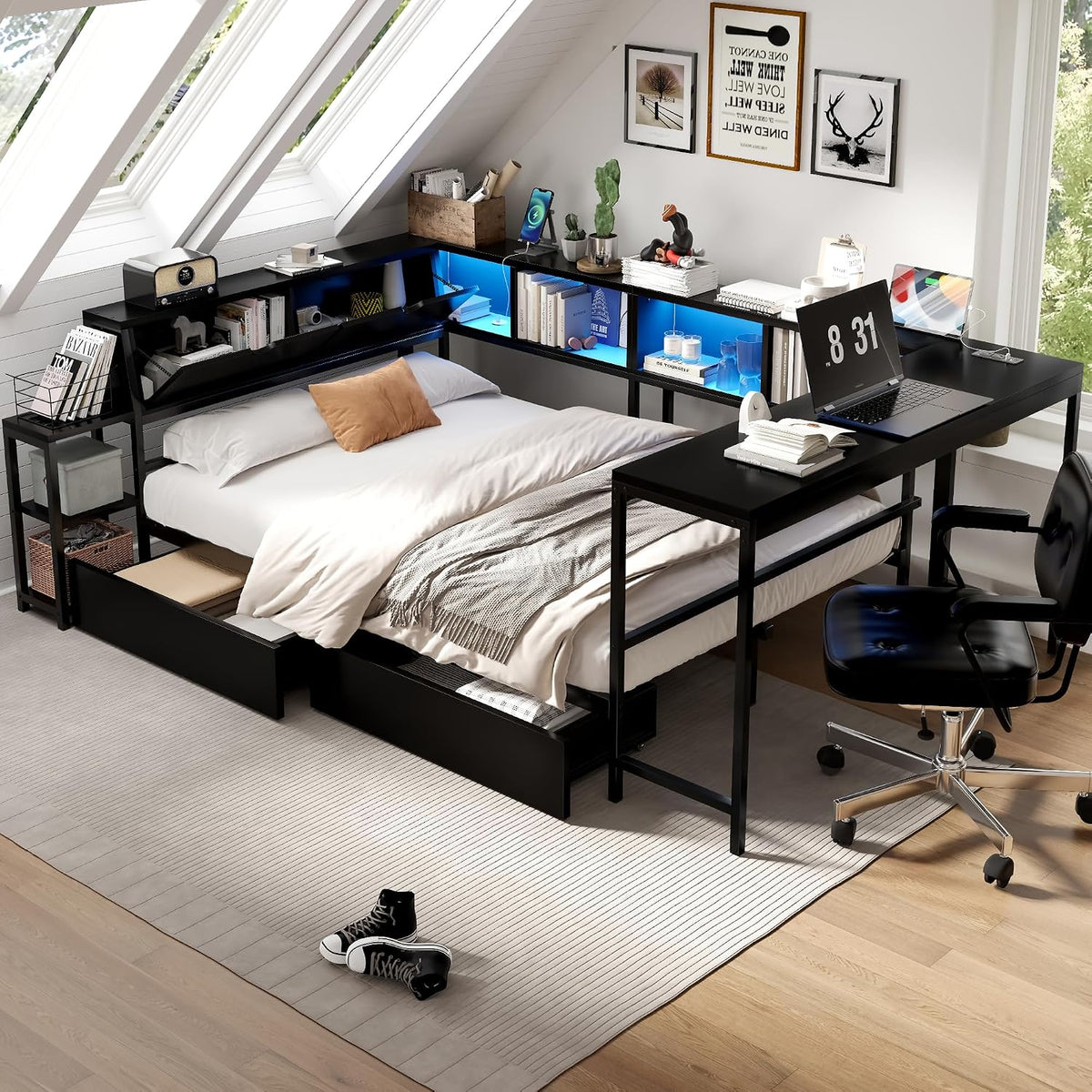 Black LED Charging Corner Queen Bed