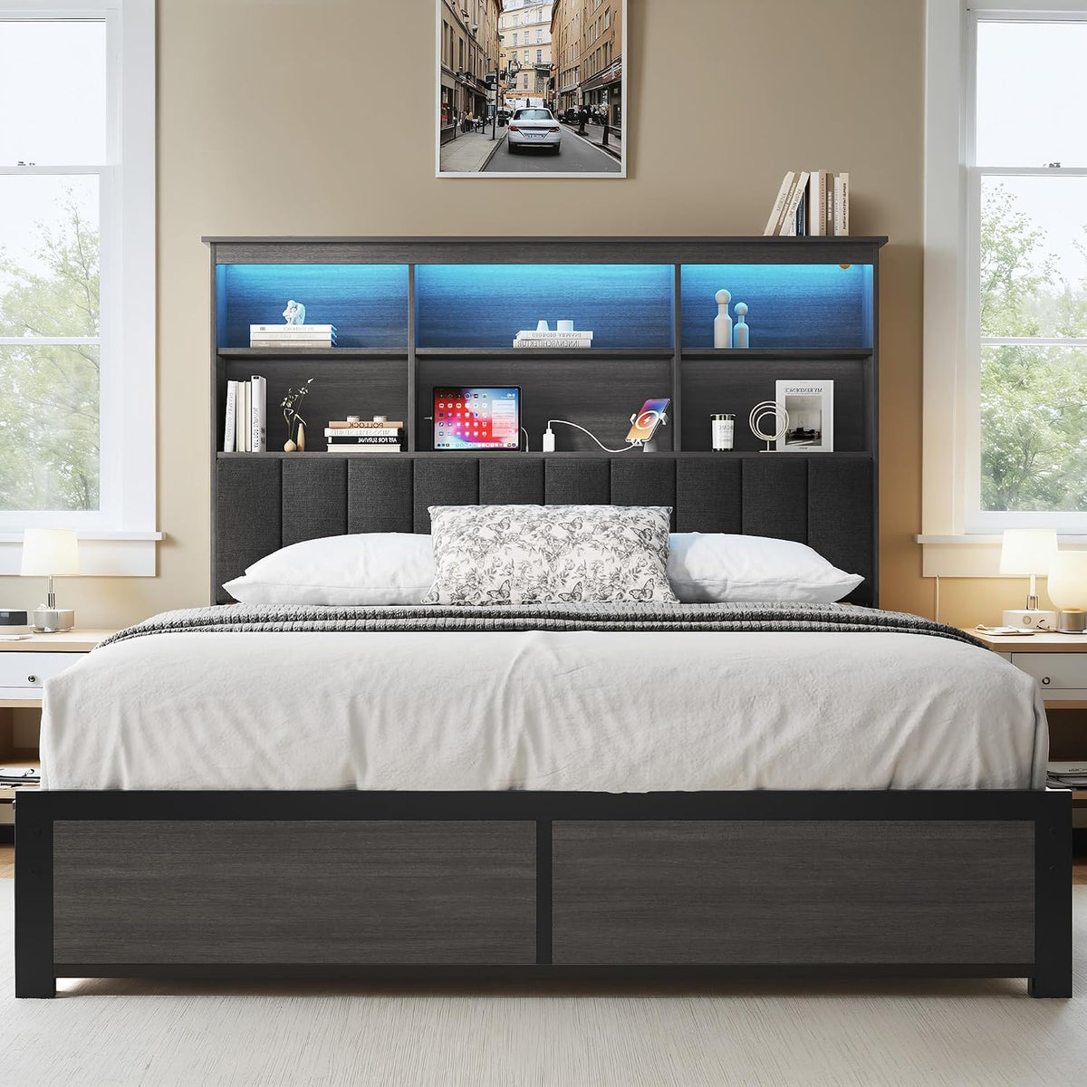 Grey LED Charging Storage Queen Bed