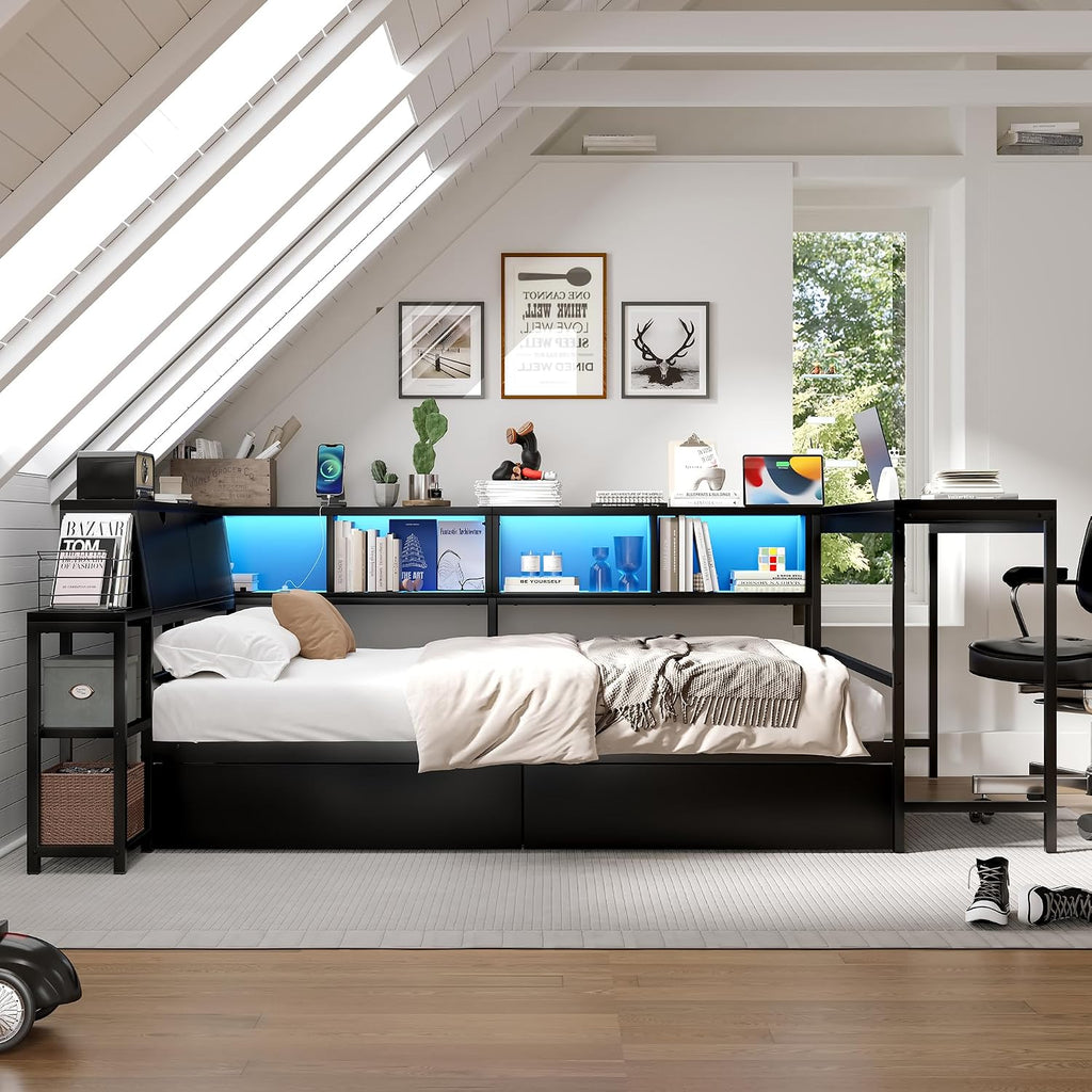 Black LED Charging Corner Queen Bed