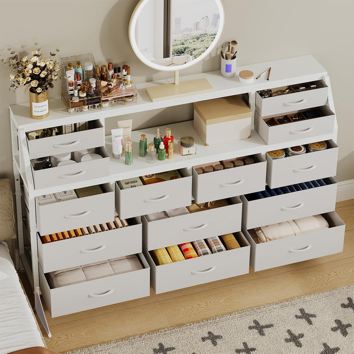 White 14-Drawer TV Dresser Cabinet