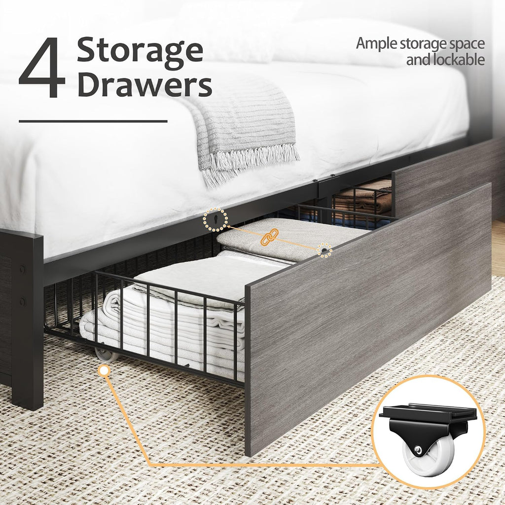 Grey LED Charging Storage Queen Bed