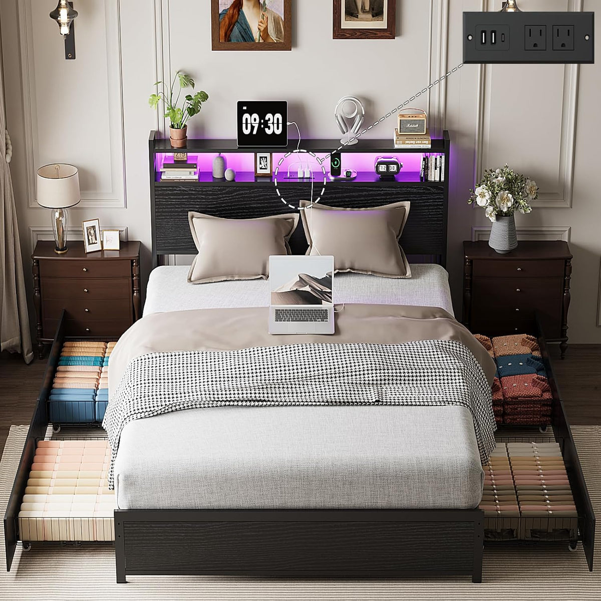 Black RGB Charging Drawer Full Bed